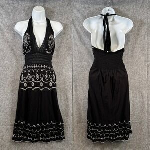 Uluwatu Embroidered Halter Dress Womens Medium Black Crochet Boho Resortwear
